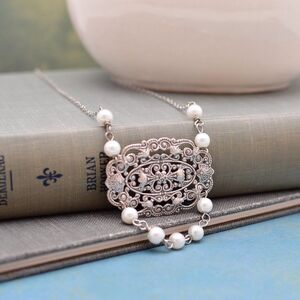 Silver Filigree Medallion and Pearl Necklace
